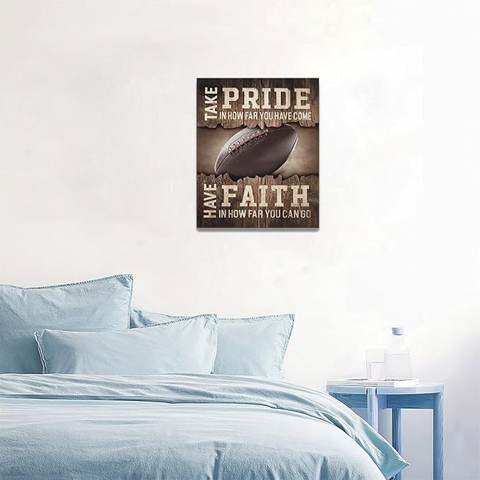 Fleruku Rustic Football Wall Art Sports Wall Decor Inspirational Quotes Brown Pictures Football Sign Canvas Painting Artwork Home Decorations for Boy Man Teenager Fans Bedroom Living Room 16"x20"