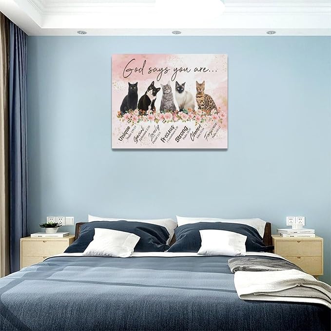God says you are decor wall art cat canvas Pictures Christian Wall Decor flower Canvas for Girl’s Room Prints Painting Framed Artwork for Bathroom living room Bedroom 20"x16"