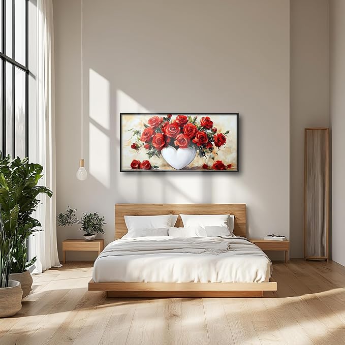 Rose Wall Art Red Flower Pictures Wall Decor Romantic Roses Large Master Over Above Bed Canvas Red Roses Prints Horizontal Modern Artwork Painting Home Office Decorations For Kitchen Bedroom 30"x60"
