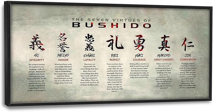 Japanese Bushido Large Wall Art Japan 7 Seven Virtues Pictures Wall Decor Inspirational Samurai Above Over Bed Canvas Prints Painting Framed Artwork Decoration for Bedroom Living Room Office 60"x30"