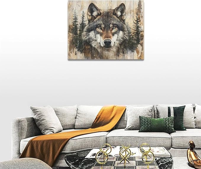 Vintage Wolf Wall Art Farmhouse Wildlife Wall Decor Country Animal Pictures Canvas Painting Artwork Home Decorations for Living Room Bedroom Bathroom Office 16"x12"