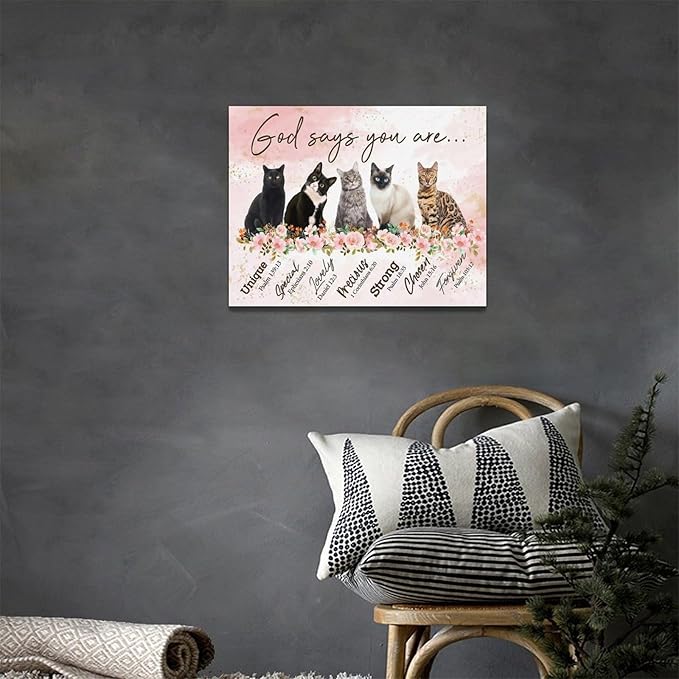 God says you are decor wall art cat canvas Pictures Christian Wall Decor flower Canvas for Girl’s Room Prints Painting Framed Artwork for Bathroom living room Bedroom 16"x12"