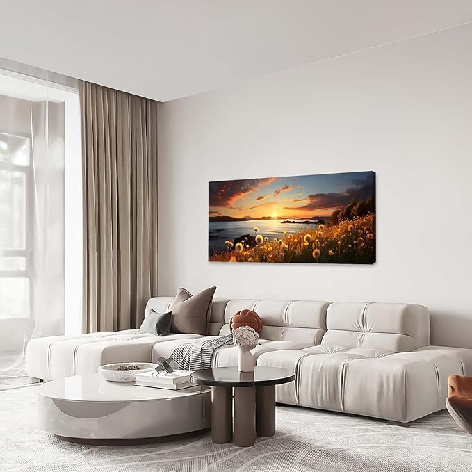 Dandelion Painting Wall Art Dandelion Landscape Pictures Wall Decor Flower Sunset Large Canvas Prints Modern Framed Artwork Home Decorations Above Bed for Living Room Dining Room Bedroom 60"x30"