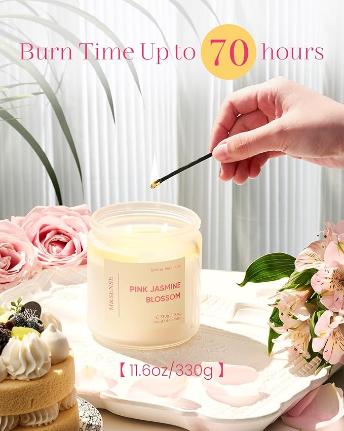 M&SENSE Pink Jasmine Rose Scented Candle - 11.6oz Natural Soy Wax 70-Hour Long Lasting Burn Time, 2-Wick Spring Non-Toxic Candle for Home Decor Flower Scent Gifts for Women Teacher