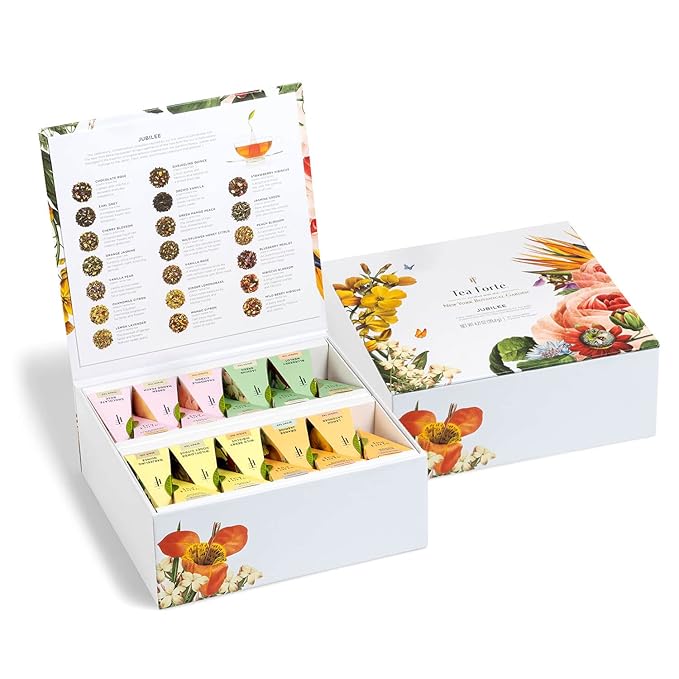 Tea Forte Jubilee Premium Tea Chest Gift Sampler, 40 Count, 2 of each Variety Blend Individually Wrapped Handcrafted Pyramid Infuser Bags