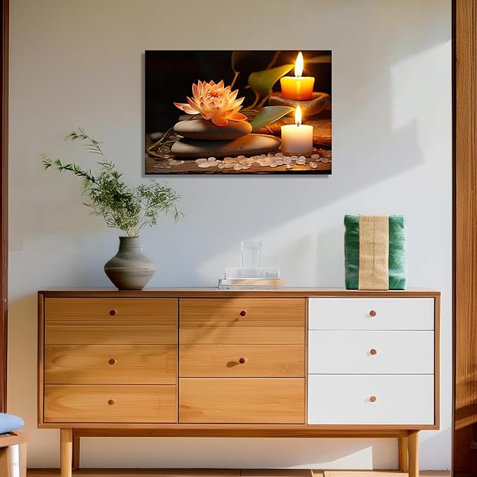 KPLUNDO Zen Canvas Wall Art - Bathroom Wall Decor Lotus Candle with Black Stones Picture Meditation Relax Artwork for Spa Yoga Spiritual Room Decor Frame(24.00x36.00 inch)