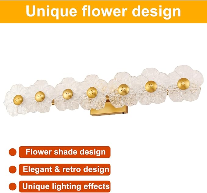 MantoLite Bathroom Light Fixtures Modern Vanity Over Mirror Adjustable 3000K-6000K Picture Lights Art Light with Floral Clear Glass Shades for Living Room Bedroom Wall Sconces (7 Gold)
