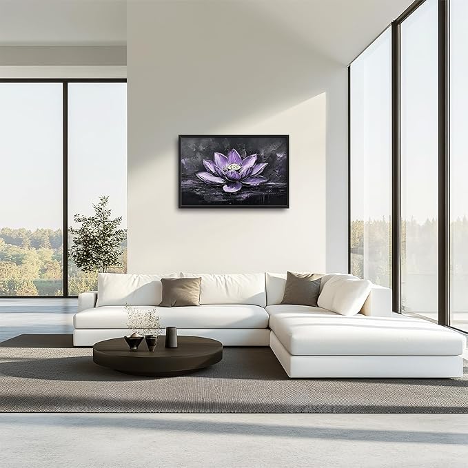 Kylora Lotus Wall Art Purple Lotus Flower Pictures Wall Decor Zen Prints Modern Artwork Meditation Painting Home Office Decorations For Kitchen Bathroom Bedroom Dining Living Room 36"x24"