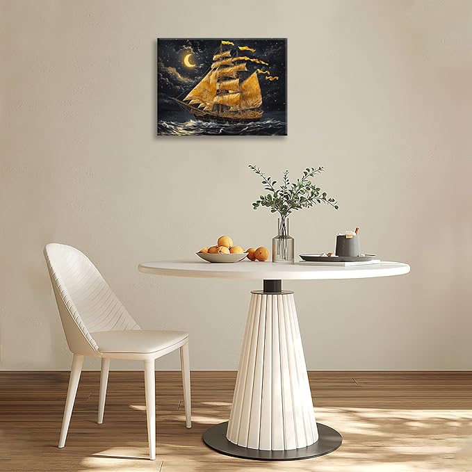 Olivine Sailboat Wall Art, Nautical Pictures Wall Decor, Ocean Seascape Painting, Coastal Night Canvas Prints, Framed Artwork for Bathroom Bedroom Living Room Office Home Decoration 20"x16"