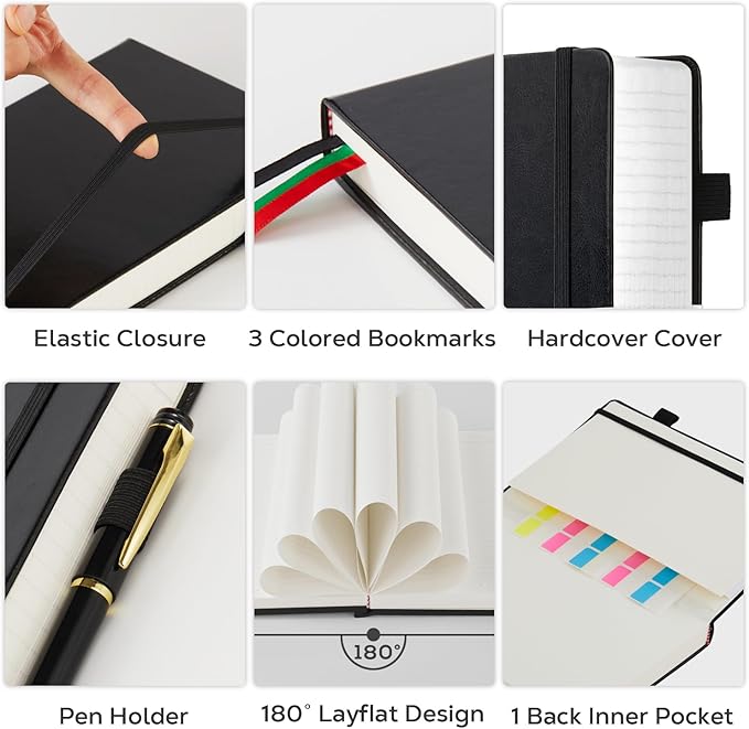 Notebooks College Ruled, A4 (8.5 x 11) Large Notebook Journal with 100GSM Lined Paper, Hardcover Leather Journaling Notebooks for Women & Men, 320 Pages, Big Black Notebook