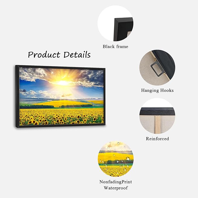 Glocmna Large Wall Art for Living Room Sunflower Field Canvas Wall Decor Nature Country Sunflower Sunrise Landscape Pictures Painting Print Framed Artwork Decorations Gifts for Bedroom Home Kitchen Office Hotel 24"x36"
