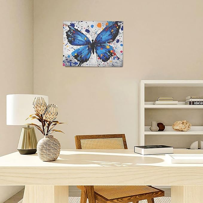 Banksy Butterfly Wall Art Blue Butterfly Street Art Graffiti Wall Decor Pictures Painting Canvas Artwork Framed Decoration Gifts for Women Girl Living Room Bedroom Office 12"x16"