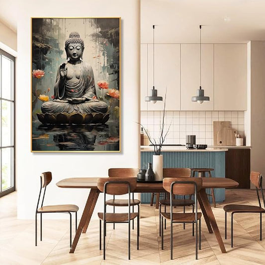 Buddha Wall Art, Buddha with Lotus Flower Canvas Wall Art, Zen Canvas Painting, Spiritual Picture Print Decor, Meditation Print Decor, Yoga Room, Living Room Hangings (Gold Framed, 32"x48"| 82x122cm)