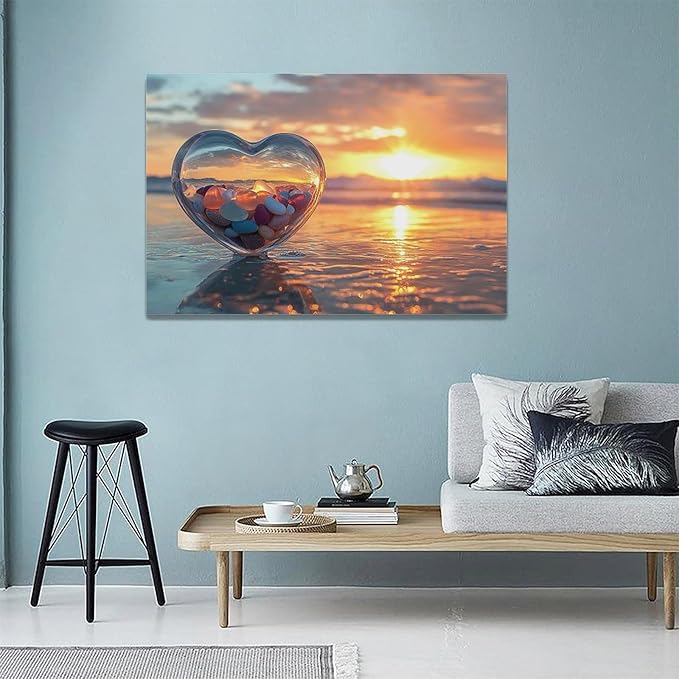 Fleruku Beach Sunset Wall Art Ocean Coastline Wall Decor Natural Scenery Pictures Canvas Painting Artwork Home Decorations for Living Room Bedroom Bathroom Office 24"x16"