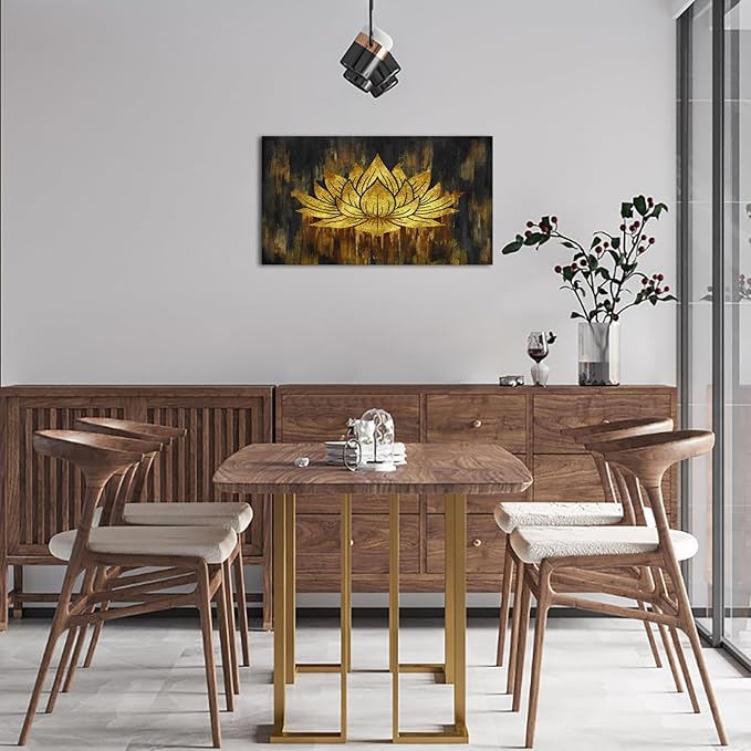 SkenoArt Gold Lotus Wall Art Abstract Zen Lotus Canvas Wall Art Gold and Black Zen Flower Picture Artwork for Living Room Home Bedroom Wall Decor Stretched and Framed 20x36 inch