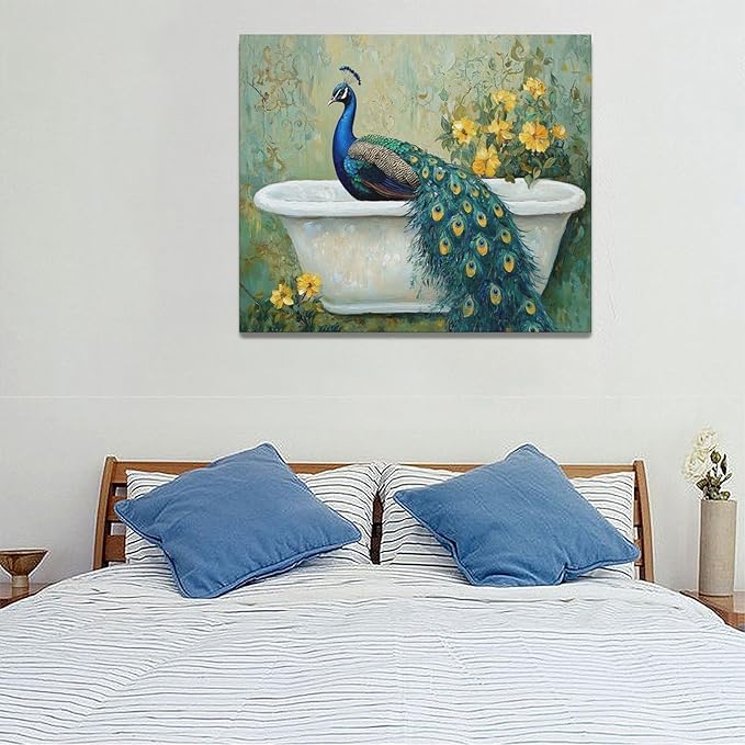 Fleruku Vintage Peacock Wall Art Elegance Bathroom Wall Decor Green Peacock Pictures Canvas Painting Artwork Home Decorations for Living Room Bedroom Office 24"x20"