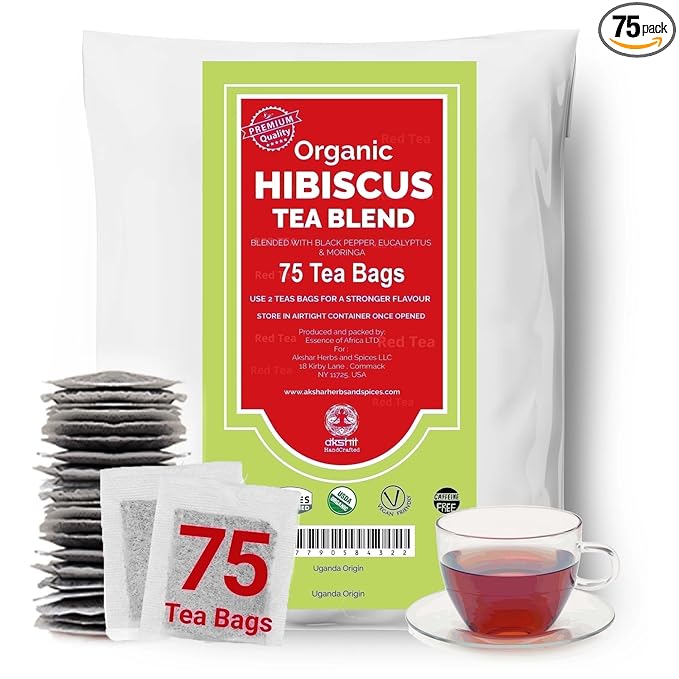 Akshit Hibiscus Tea With Moringa, Hibiscus Tea Blend, 75Tea Bags, Te De Hibisco, Caffeine Free, Sugar Free, Non GMO, No Additives.