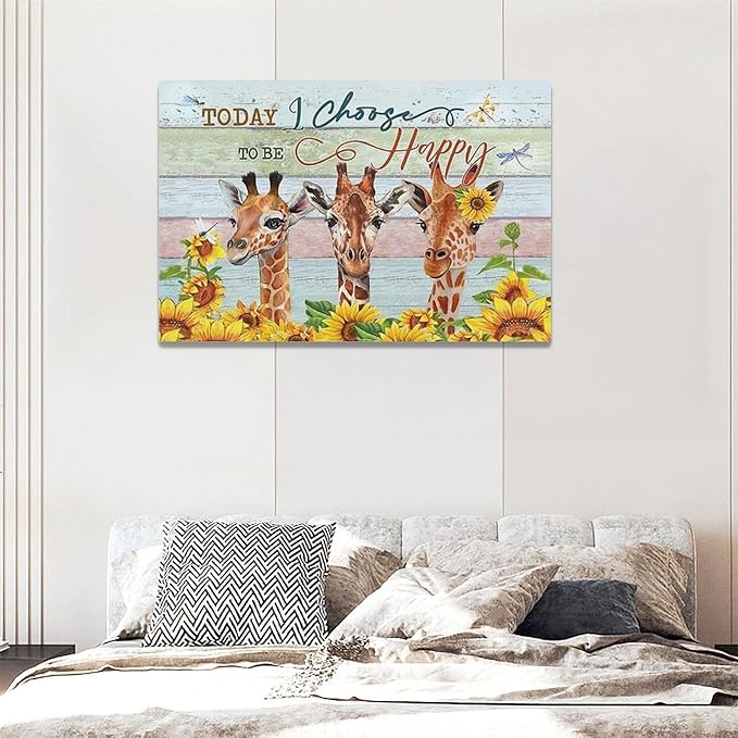 Giraffe Bathroom Decor Wall Art Sunflower Wall Decor Giraffe Canvas I Choose Happy Prints Painting Framed Artwork for Bathroom living room Bedroom 24"x16"
