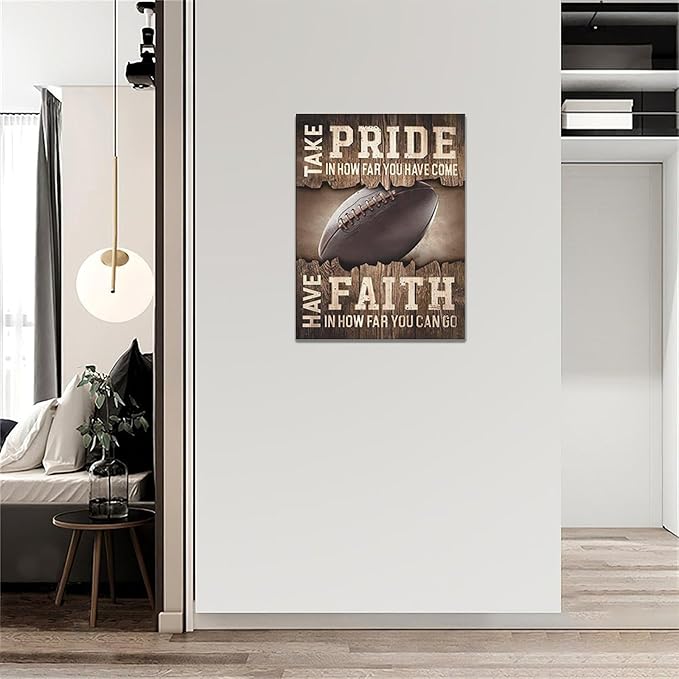 Fleruku Rustic Football Wall Art Sports Wall Decor Inspirational Quotes Brown Pictures Football Sign Canvas Painting Artwork Home Decorations for Boy Man Teenager Fans Bedroom Living Room 12"x16"