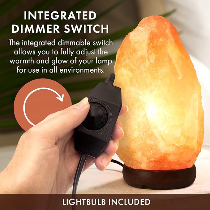 Himalayan Salt Lamp 10-12 Inches (11-15lb) | Includes Dimmer Switch | Natural Salt Rock Lamp with Handcrafted Wooden Base & Night Light (Bulb Replacement)