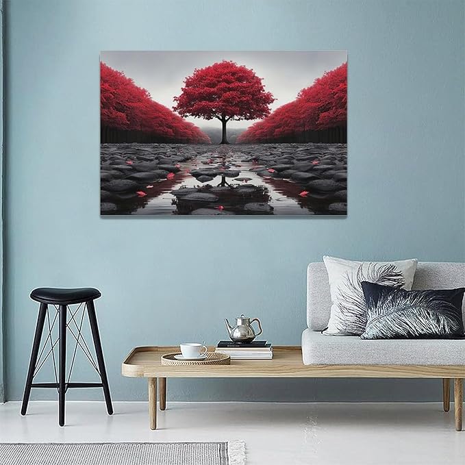 Black And Red Tree Wall Art Zen Stone Canvas Prints Pictures Large Red Tree Forest Landscape Wall Decor Modern Framed Artwork for Living Room Bedroom Office Spa Yoga 24"x16"