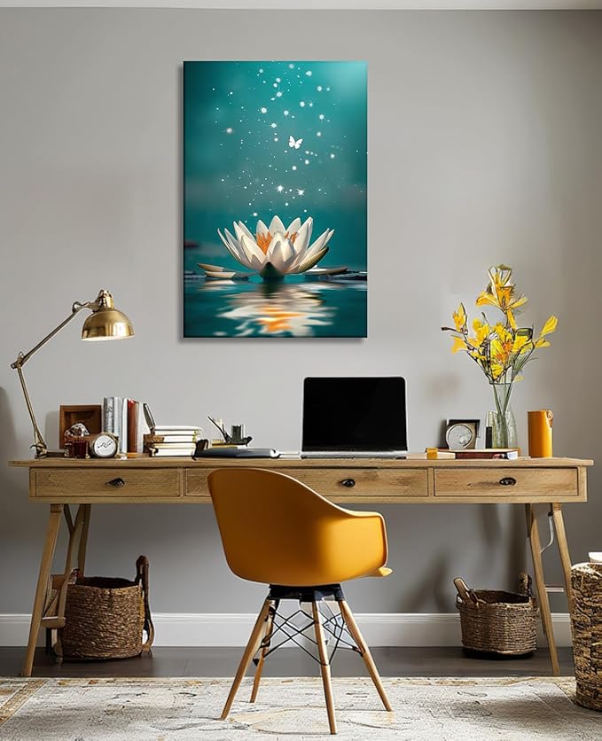 Lotus Canvas Wall Art Zen Wall Decor Teal Posters White Lotus on Water Picture Meditation Spiritual Art for Bathroom Living Room Home Office Decor Framed(Art-7,12.00x18.00 inch)
