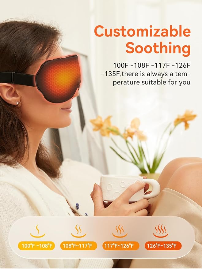 Heated Eye Mask for Dry Eye Relief, Cordless Warm Compress Sleep Mask with 4 Heat Settings & Timer, Rechargeable Silk Eyes Warmer for Migraine, Travel, Women Men Black