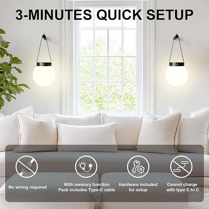 Battery Operated Wall Sconces Set of 2, Wireless Globe Wall Lights with Remote Control Warm/Natural/Daylight/RGB Dimmable Wall Lamps Bedroom Living Room, Decorative Lights with Dim Lighting Effect