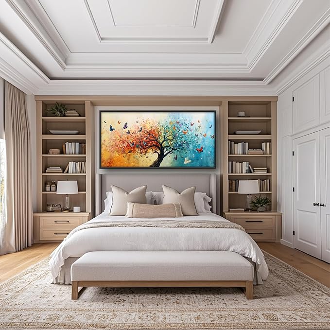 SweetFox Extra Large Tree of Life Framed Wall Art for Living Room, Colorful Tree Butterfly Pictures Oversized Wall Decor Abstract Canvas Painting Print Artwork for Bathroom Master Bedroom 60L X 30W