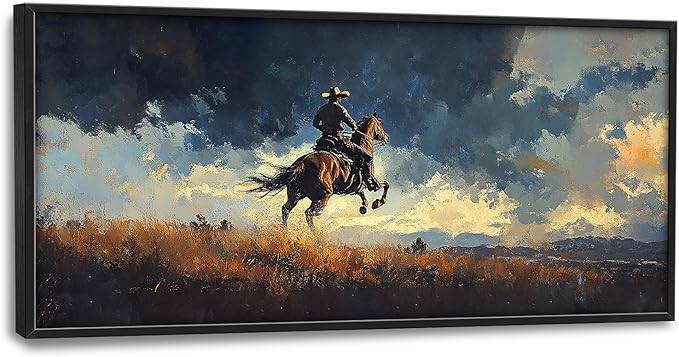 SweetFox Extra Large Western Cowboy Framed Wall Art for Living Room, Cowboy on Horseback Pictures Oversized Wall Decor Abstract Canvas Painting Print Artworks for Bathroom Master Bedroom 60L X 30W