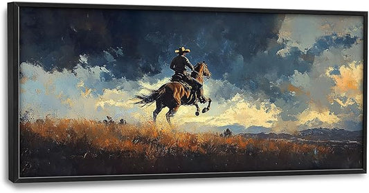 SweetFox Extra Large Western Cowboy Framed Wall Art for Living Room, Cowboy on Horseback Pictures Oversized Wall Decor Abstract Canvas Painting Print Artworks for Bathroom Master Bedroom 60L X 30W