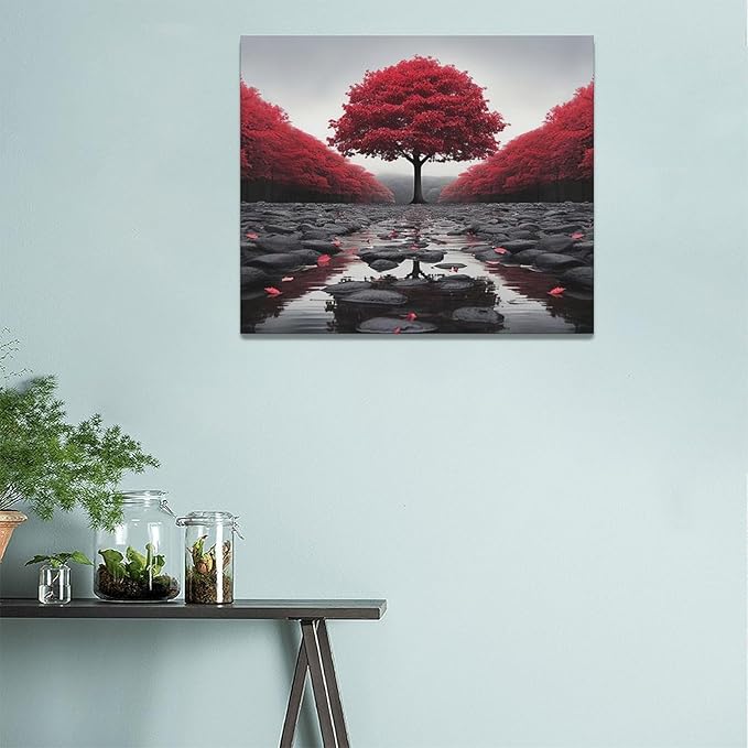 Black And Red Tree Wall Art Zen Stone Canvas Prints Pictures Large Red Tree Forest Landscape Wall Decor Modern Framed Artwork for Living Room Bedroom Office Spa Yoga 24"x20"