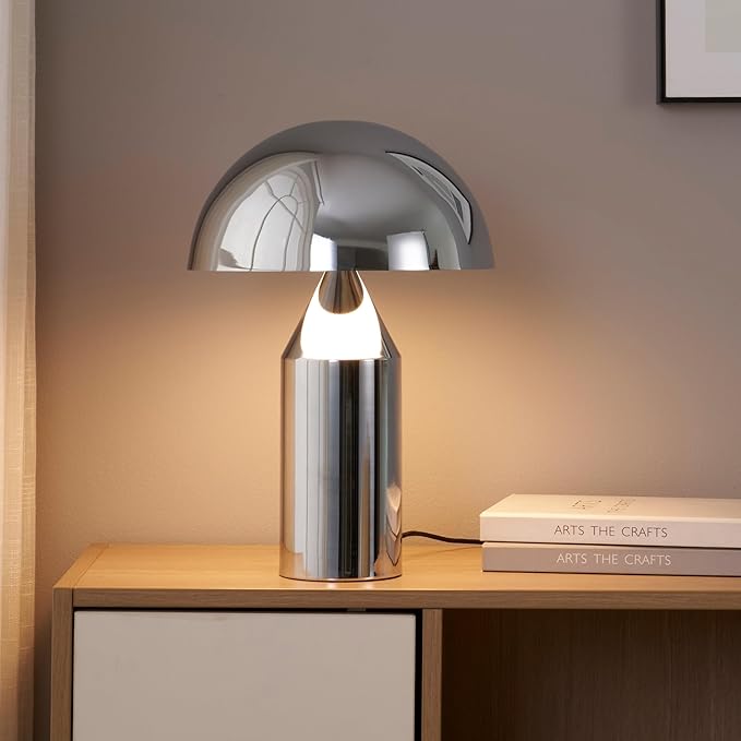 Brightech Venus 14" Globe Table Lamp – Modern Mid-Century Lamp with Golden Metal Shade – Nightstand, Bedside, Desk & Accent Table Lighting for Bedroom, Living Room & Office Décor - Chrome/Silver
