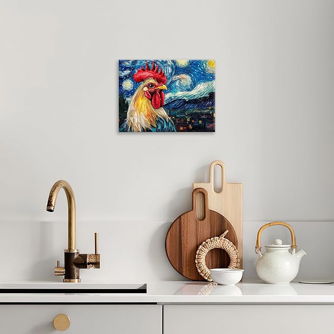 Olivine Rooster Wall Art, Vintage Chicken Pictures Wall Decor, Starry Night Painting Farmhouse Rooster Canvas Prints, Framed Artwork for Bathroom Bedroom Living Room Office Home Decoration 16"x12"