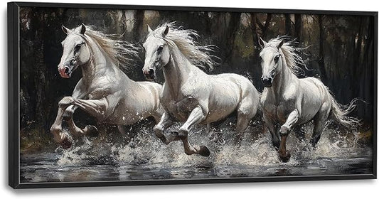 Horse Wall Art Horses Running Pictures Wall Decor Farmhouse White Mustang Large Master Over Above Bed Canvas Prints Horizontal Modern Artwork Painting Home Office Decorations For Bedroom 30"x60"