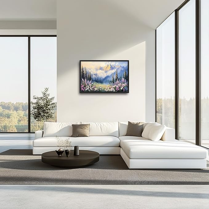 Framed Large Wall Art for Living Room, Forest Mountain Canvas Wall Decor, Flowers Tree Pictures Painting, Modern Landscape Artwork for Bedroom Office 36L'' × 24W''
