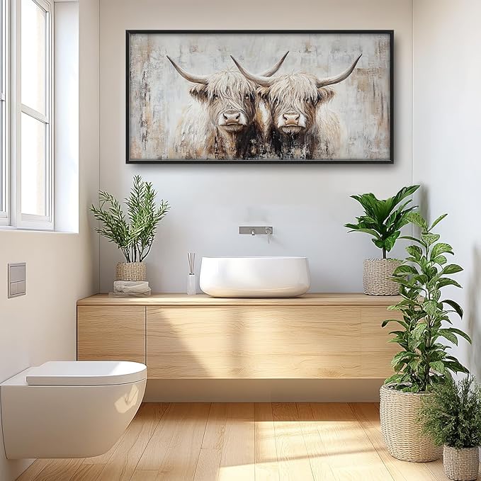 SweetFox Extra Large Highland Cow Framed Wall Art for Living Room, Farmhouse Highland Cattle Pictures Oversized Wall Decor Abstract Canvas Painting Print Artworks for Bathroom Bedroom 60L X 30W