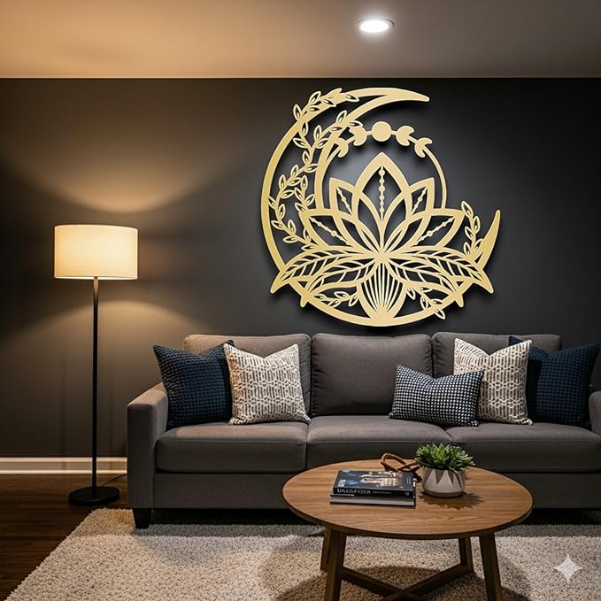 GOWPENART Moon and Lotus Metal Wall Art – Modern Boho Wall Decor, Large Mandala Style Metal Wall Hanging for Living Room, Bedroom, Meditation and Home Decoration (White)