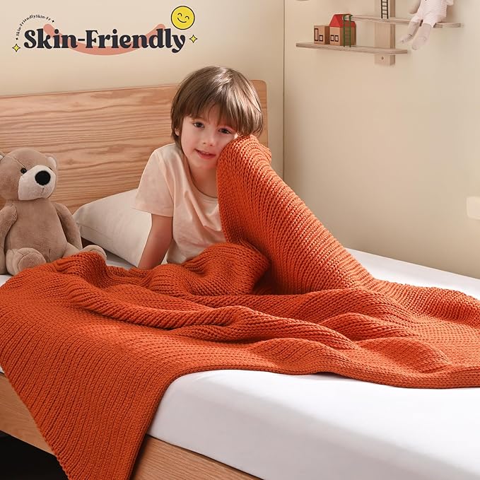 Guohaoi Knitted Weighted Blanket Kids (Orange 50"x60" 7lbs) No Beads Cooling Heavy Blanket, Home Decor Breathable Chunky Knit Throw Blanket for All-Season Use