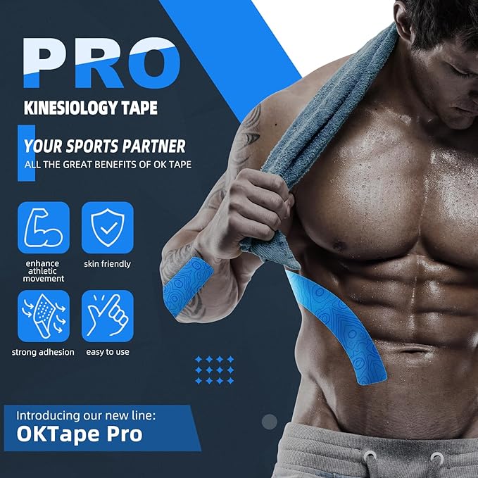 OK TAPE PRO Kinesiology Tape Uncut Roll, Elastic Physical Therapy Athletic Tape for Pain Relief, Muscle Support, Kinetic Tape, Water Resistant, 2in X 16.4ft -Blue