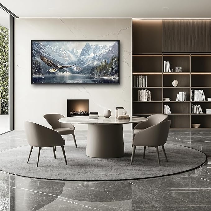 Winter Wall Art Snowy Mountain Lake Soaring Bald Eagle Pictures Wall Decor Large Canvas Prints Framed Artwork Paintings Home Office Decorations for Living Room Bedroom Dinning Room 60"x30"