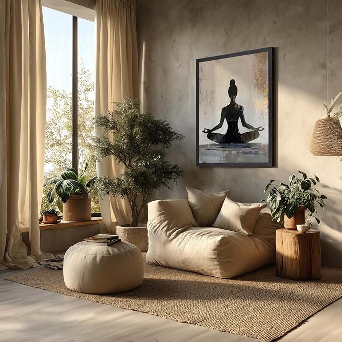 GELDSTEI Wood Framed Zen Wall Art, Modern Yoga Girl Canvas Painting, Tranquil Meditation Wall Decor, Spiritual Aesthetic Picture, Calming Mindfulness Poster Prints for Living Room Spa Yoga 16"x24"
