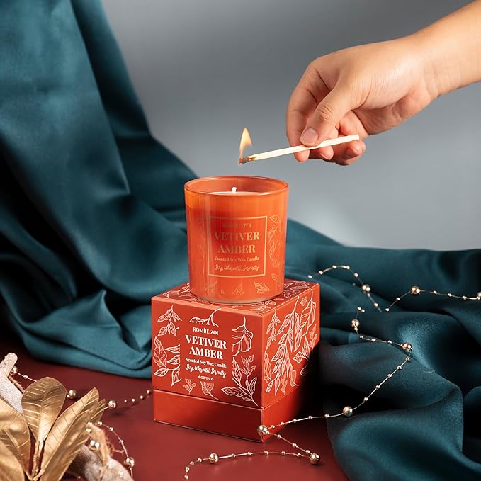 Aromatherapy Jar Candle - 6oz Soy Wax Candle - Infused with Vetiver Amber Aroma - with Beautiful Keepsake Box Special for Birthday/Holiday Gifts