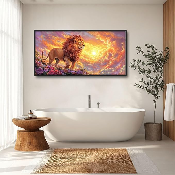 Lion Large Wall Art Animal Flower Pictures Wall Decor Sunset Floral Canvas Landscape Print Painting Modern Home Artwork Decoration for Bathroom Office Living Room Bedroom Framed 60"x30"