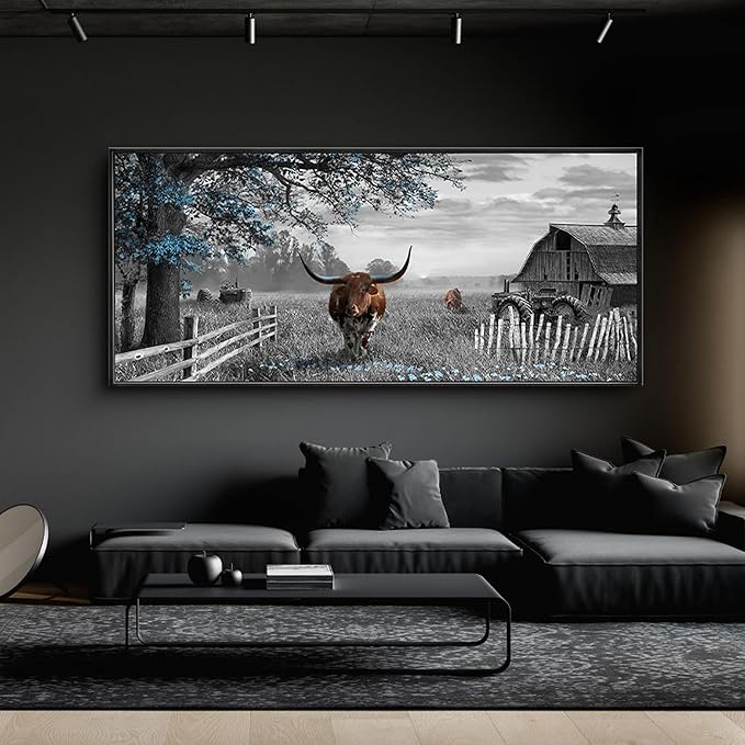 yiijeah Rustic Wall Art - Western Home Decor Cow Picture Extra Large Wall Decr Rustic Longhorn Living Room Bedroom Canvas Framed Artwork Farmhouse Decor