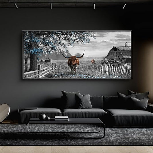 yiijeah Rustic Wall Art - Western Home Decor Cow Picture 86x39 Inches Extra Large Rustic Longhorn Living Room Bedroom Canvas Framed Artwork Farmhouse Wall Decor