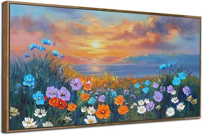 Ardemy Landscape Wall Art for Living Room Coastal Sunset Flower Canvas Bedroom Textured Floral Wildflower Blue Ocean Painting Nature Artwork Home Office Wall Decor, Wood Framed Large 48"x24"