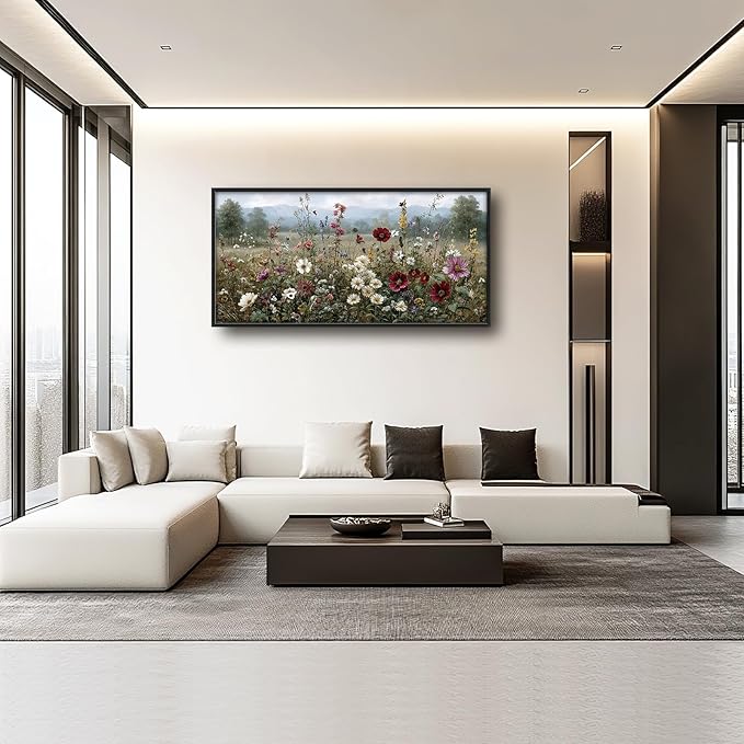 Glocmna Large Vintage Wall Art for Living Room Farmhouse Wildflowers Wall Decor Rustic Nature Landscape Pictures Painting Big Canvas Print Framed Artwork Decorations Home Office Bedroom 30"x60"