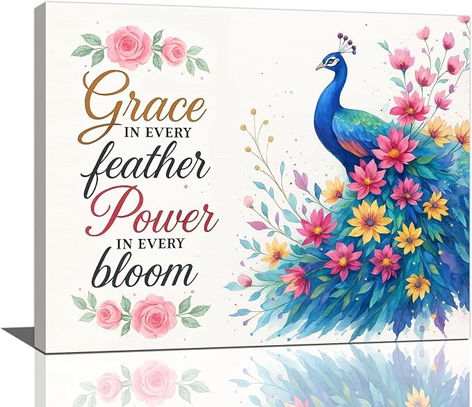 Peacock Wall Art Elegant Peacock Wall Decor Inspirational Canvas Print Painting Pictures Motivational Artwork Framed Decorations Gifts for Women girls Bedroom Bathroom Living Room Office 16"x20"