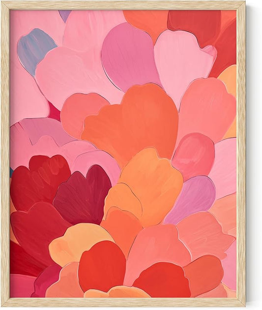 HAUS AND HUES Colorful Abstract Wall Art - Minimalist Retro Picture for Living Room Decor, Red and Pink Modern Wall Art Painting (Petals 1, Beige Frame, 11x14)
